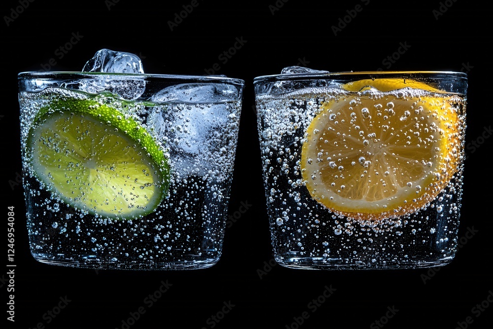 Poster sparkling citrus refreshment two glasses with lime and lemon slices and ice on a dark background