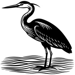 A heron wading in the river at sunrise silhouette vector illustration 