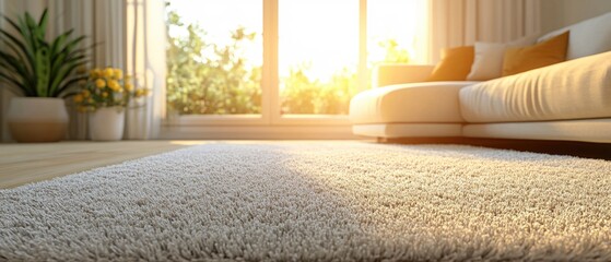 Soft white carpet in a bright living room with natural sunlight and a comfortable sofa