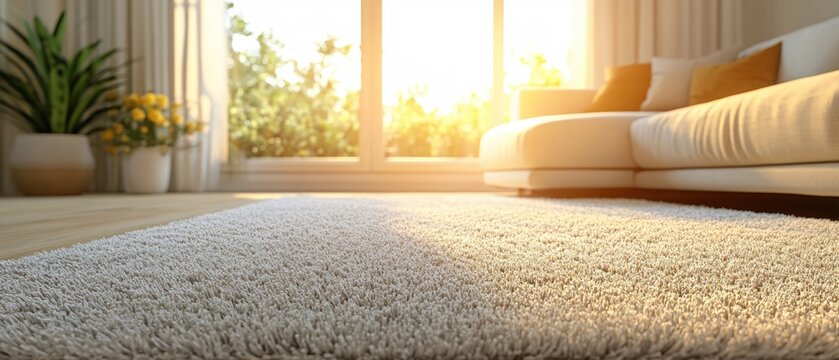 Soft white carpet in a bright living room with natural sunlight and a comfortable sofa