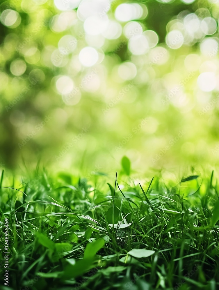 Poster Close-up of Sunlit Green Grass with Warm Bokeh Background Creating a Peaceful Nature Scene : Generative AI