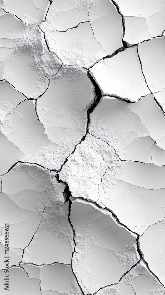 Poster cracked white surface showing deep fissures and texture creating abstract geometric pattern