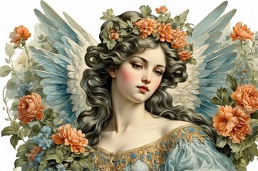 Vintage retro antique angel portrait illustration with colorful botanical flowers on isolated white background, people, culture and religion theme concept texture design.
