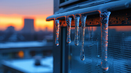 Close up of icicles hanging from window during sunset, creating serene atmosphere