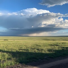 Vast Tranquil Grassland Landscape with Dramatic Cloudy Sky at Sunset