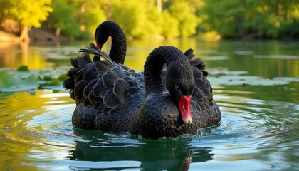 Black Swans Swimming in Tranquil Lake