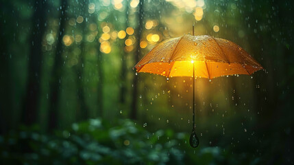 vibrant orange umbrella glistens with raindrops in lush forest, illuminated by soft sunlight filtering through trees