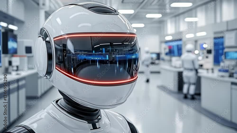 Poster humanoid robots equipped with cutting-edge technology perform various research activities in a moder