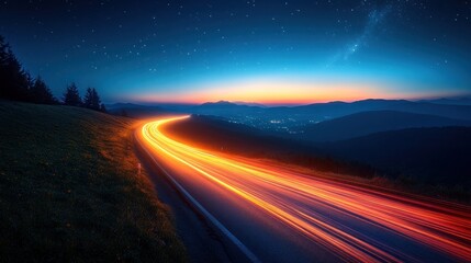 Night highway, mountain sunset, light trails, travel
