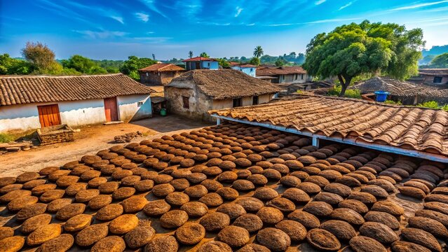 Rural Indian Scene: Cow Dung Patties Drying on a Roof in Mohurli, Chandrapur, Maharashtra
