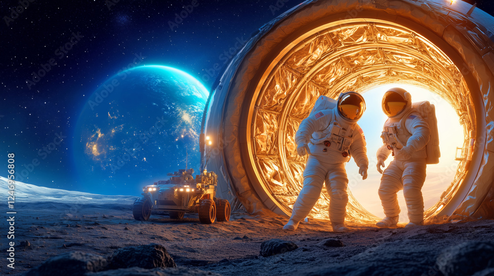 Aufkleber two astronauts in spacesuits step through a glowing portal on th