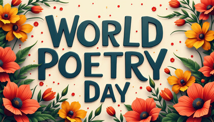 Artistic banner celebrating World Poetry Day with lush flowers and heartwarming text, symbolizing the beauty of poetry.