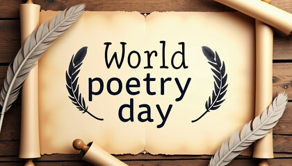 Vintage-style banner for World Poetry Day featuring a scroll and quill, celebrating the literary art of poetry.