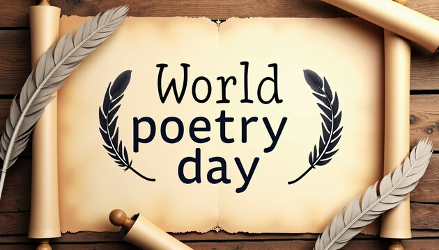Vintage-style banner for World Poetry Day featuring a scroll and quill, celebrating the literary art of poetry. - Powered by Adobe