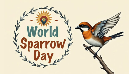 Artistic banner celebrating World Sparrow Day featuring various sparrows among greenery, fostering appreciation for wildlife and environmental protection.