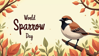 Delightful banner for World Sparrow Day displaying a beautiful sparrow, focusing on the significance of sparrow conservation in a warm and cheerful design.