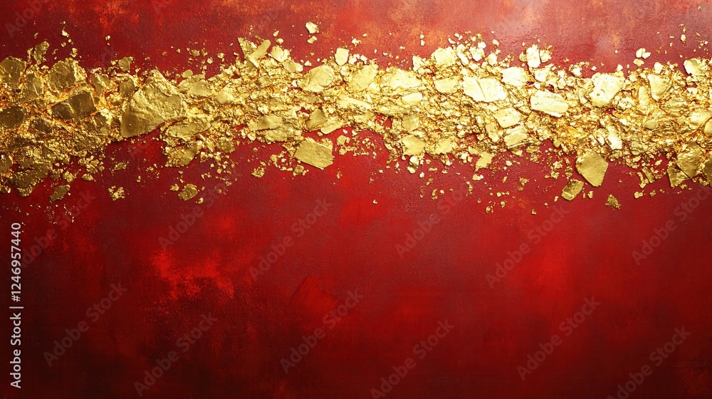 Poster abstract painting with golden foil on textured red background creating a luxurious effect