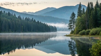 A calm lake nestled in a valley, perfectly reflecting the surrounding forests and distant mountains, with early morning fog adding an air of mystery and tranquility