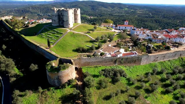 Alentejo region. Portugal tourism and landmarks. scenic medieval village Evoramonte . Aerial view of the fortified city with castles and olive plantations near Evora town,