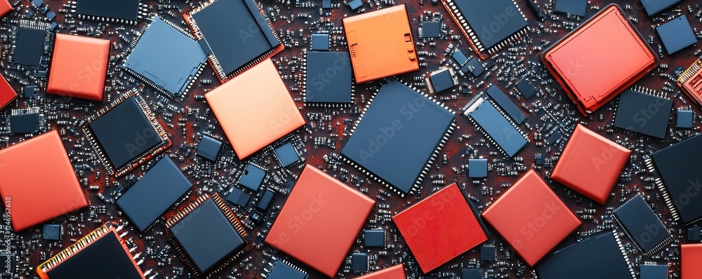 Poster a vibrant array of various semiconductor chips in red and blue colors, showcasing the intricate desi