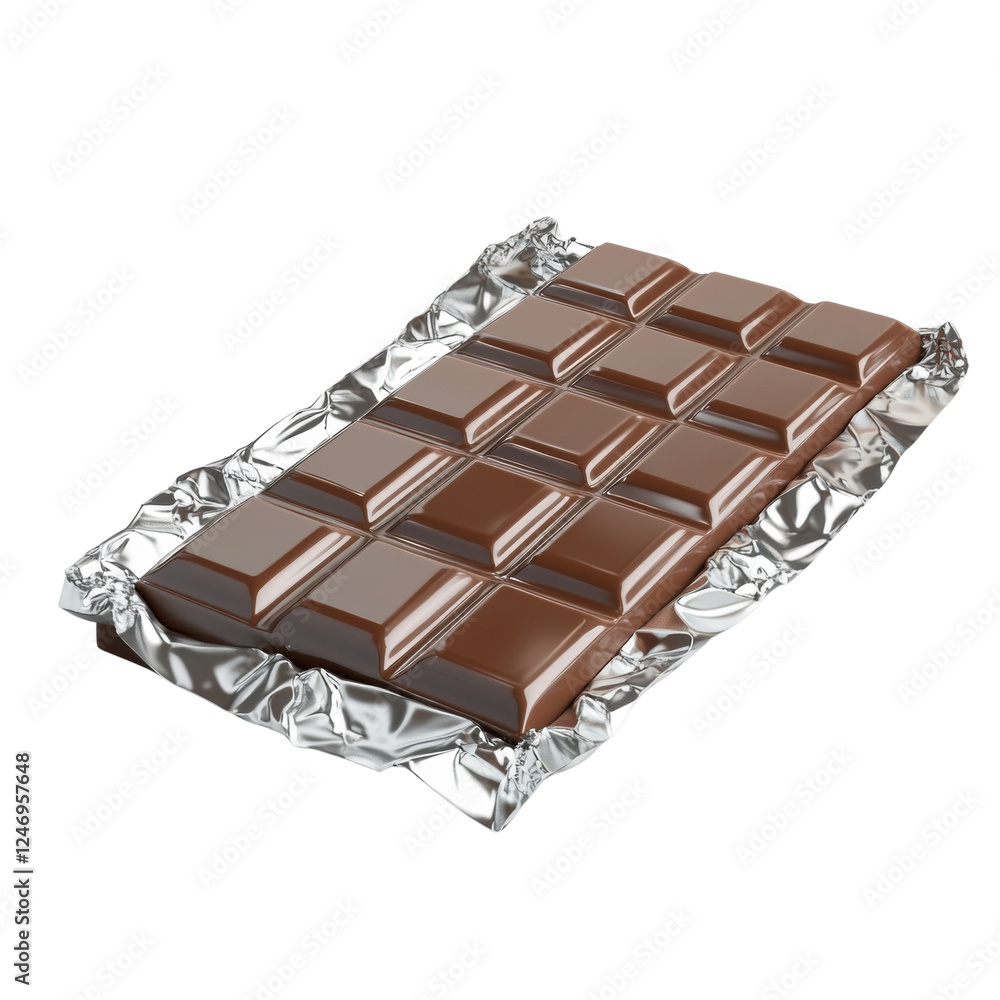 Poster a partially unwrapped milk chocolate bar with shiny, glossy squares is presented against a black bac
