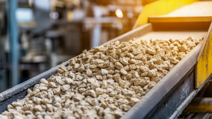 Close-up view of a conveyor belt transporting gravel in a construction site during daylight hours