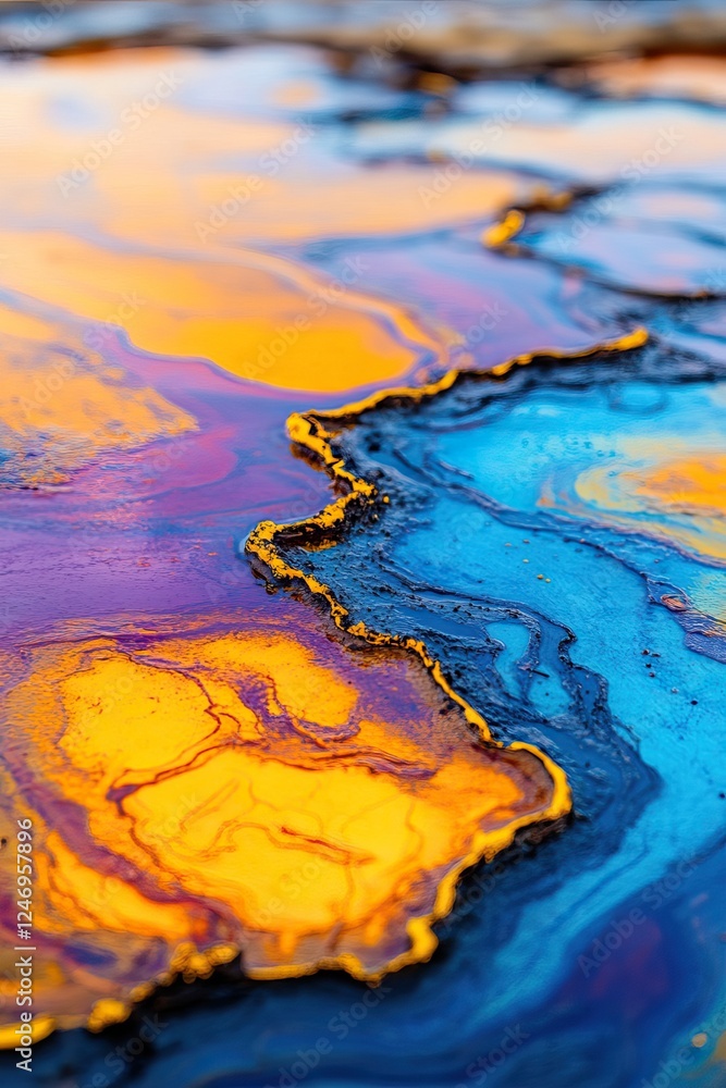 Poster a vibrant abstract image showcasing swirling patterns of orange, purple, and blue, creating a mesmer