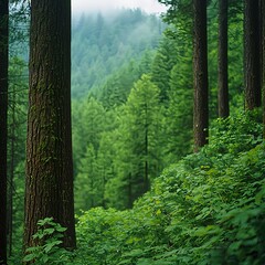 Obraz premium Lush Green Forest Landscape with Misty Atmosphere