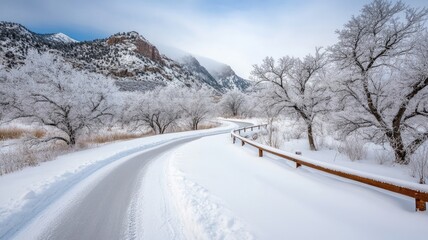 Obraz premium Snowy mountain road winding through frosted trees in winter