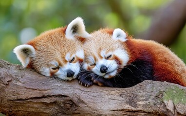 Two red pandas cuddle together on a branch, showcasing their soft fur and adorable expressions in a serene, natural setting.