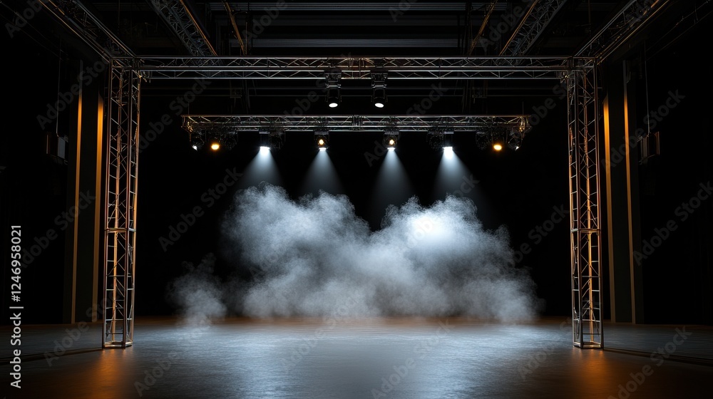 Poster a dramatic stage setup with lighting beams piercing through a smoky atmosphere, creating an inviting