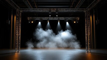 A dramatic stage setup with lighting beams piercing through a smoky atmosphere, creating an inviting ambience for performances.