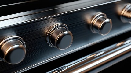 Obraz premium A close-up view of sleek, metallic knobs on a modern oven, showcasing their shiny finish and detailed texture.