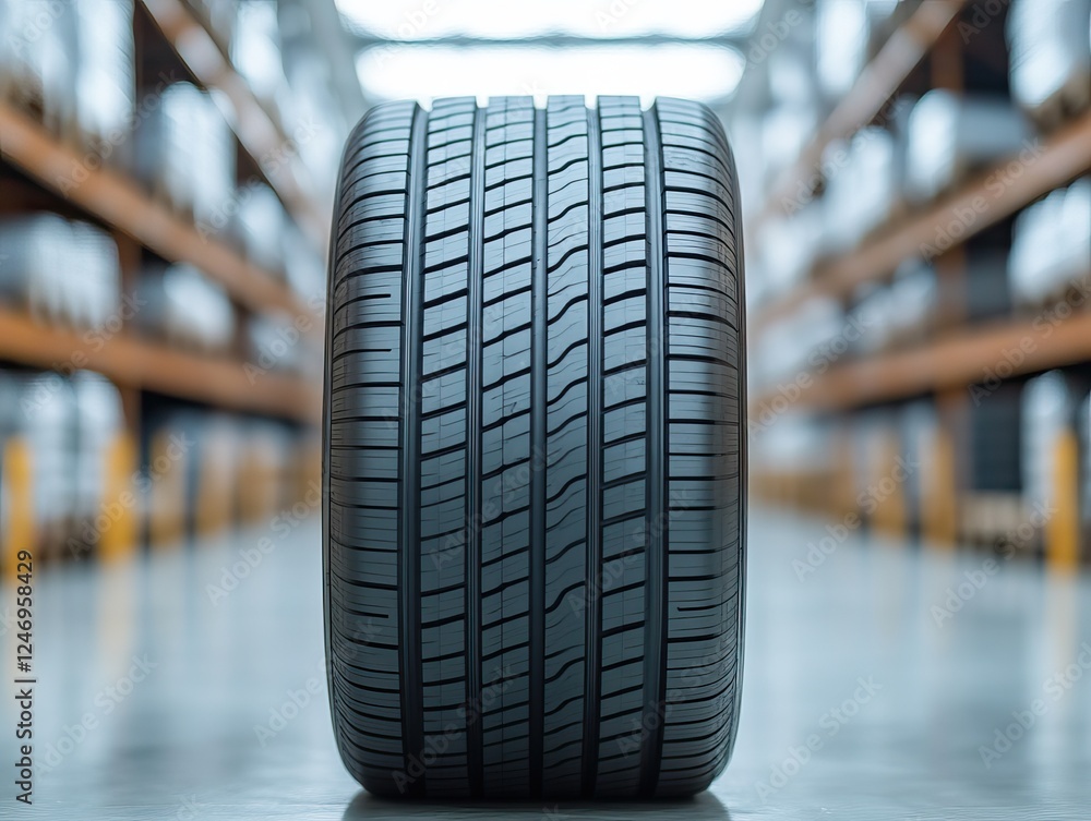 Poster a close-up view of a tire positioned vertically in a warehouse, showcasing its tread design against 
