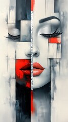 Woman face emerging from abstract geometric shapes painting