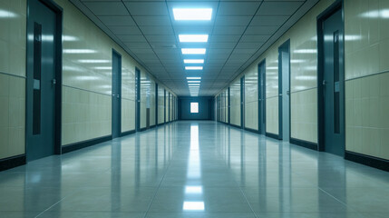 Fototapeta premium Long empty office hallway with vanishing point creates a sense of isolation and quiet in a modern corporate environment during daytime