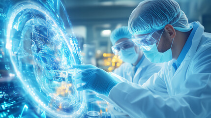 Two scientists in protective gear examine a glowing holographic