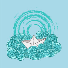 Illustration of the ship is tossed amidst storms and violent waves