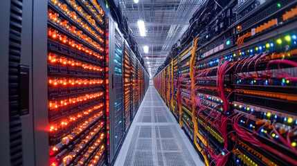 Long row of illuminated server racks in a high-capacity data center operating continuously to support digital infrastructure