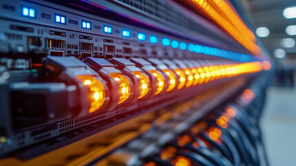 Long row of illuminated server racks in a high-capacity data center operating continuously to support digital infrastructure