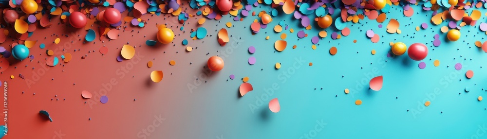 Poster a vibrant background of colorful confetti against a gradient blue and red backdrop, creating a festi