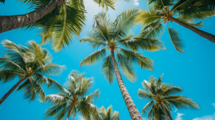 Low-angle view capturing tall palm trees against a clear blue sky in a tropical setting during the day