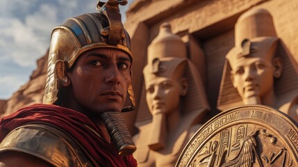 A dramatic view of an Egyptian warrior standing guard near a colossal statue of Ramses II, wearing a bronze helmet and carrying a shield adorned with symbols of the sun god Ra