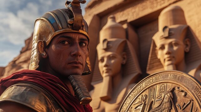 A dramatic view of an Egyptian warrior standing guard near a colossal statue of Ramses II, wearing a bronze helmet and carrying a shield adorned with symbols of the sun god Ra