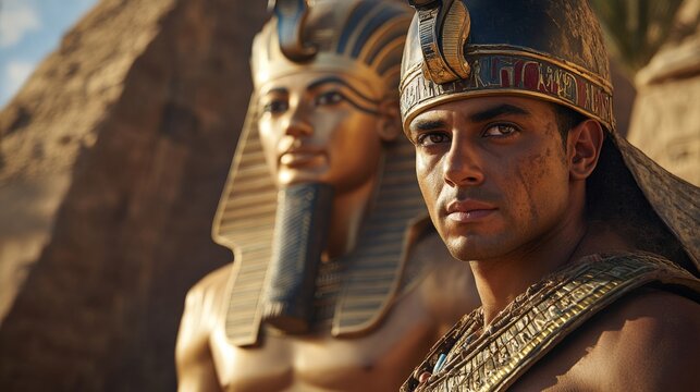 A dramatic view of an Egyptian warrior standing guard near a colossal statue of Ramses II, wearing a bronze helmet and carrying a shield adorned with symbols of the sun god Ra