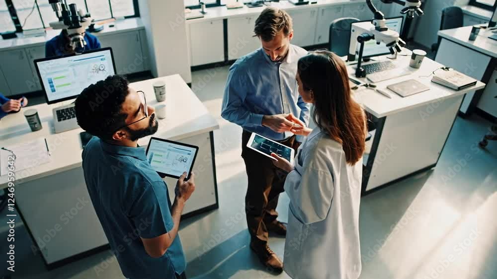 Poster Slow motion sequence showcasing scientists and technicians engaged in a collaborative discussion, utilizing digital tablets to analyze data within a modern laboratory setting