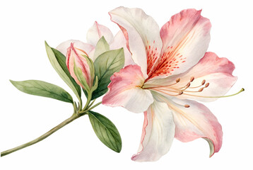 Fototapeta premium A delicate watercolor illustration of a pink and white flower with green leaves, showcasing its intricate details and natural beauty.