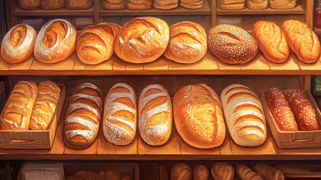 Bakery display case showcases an array of freshly baked bread loaves in a charming shop setting during daylight