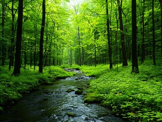 Obraz premium Lush Green Forest Stream Sunlight Path