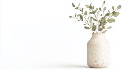 Dried eucalyptus branch elegantly displayed in a minimalist ceramic vase on a neutral background